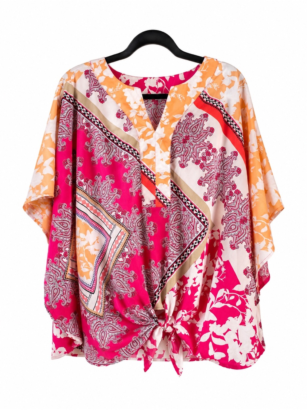Chicos Bright Pink & Orange Paisley Tie-Front Top-2 (12/14)‎ Oversized Dolman